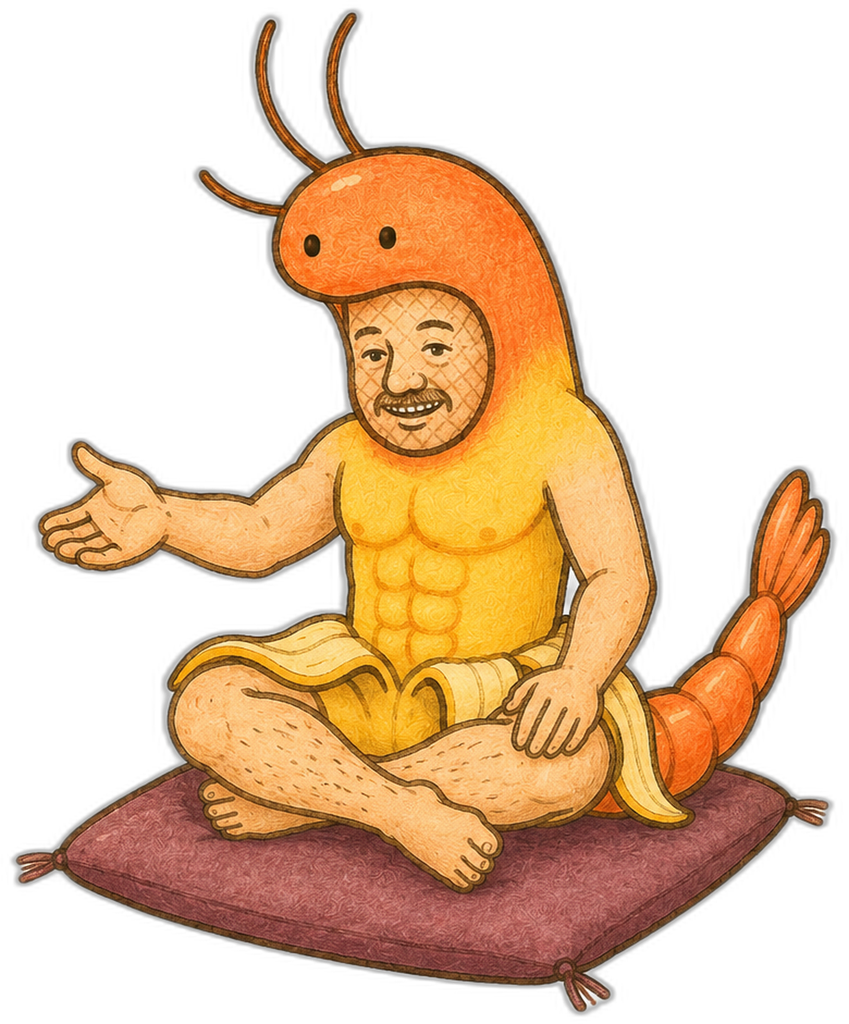座布団に座って手招きするばなえび